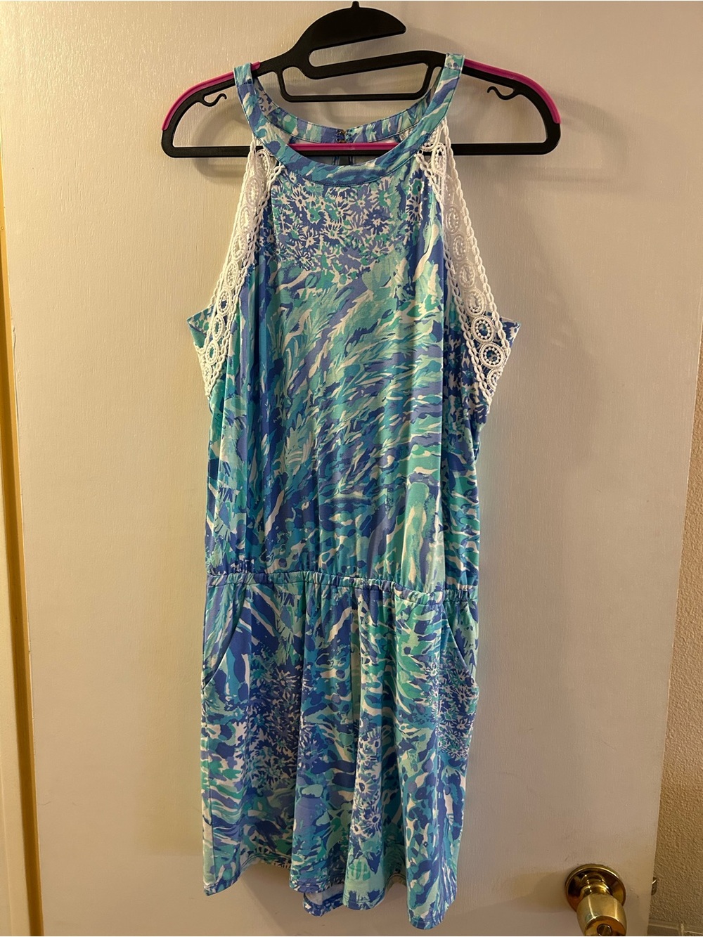 Blue & Teal Patterned Romper with White Crochet Trim